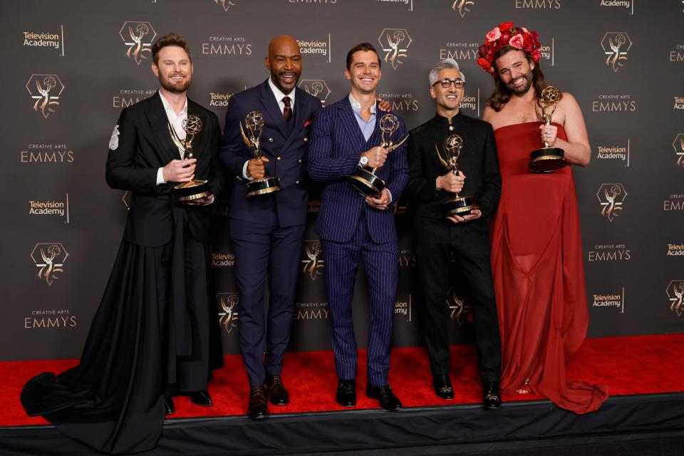 (L-R) Bobby Berk, Karamo Brown, Antoni Porowski, Tan France and Jonathan Van Ness pose with the Outstanding Structured Reality Program award during the 2024 Creative Arts Emmys at Peacock Theater on Jan, 7, 2024 in Los Angeles, California.