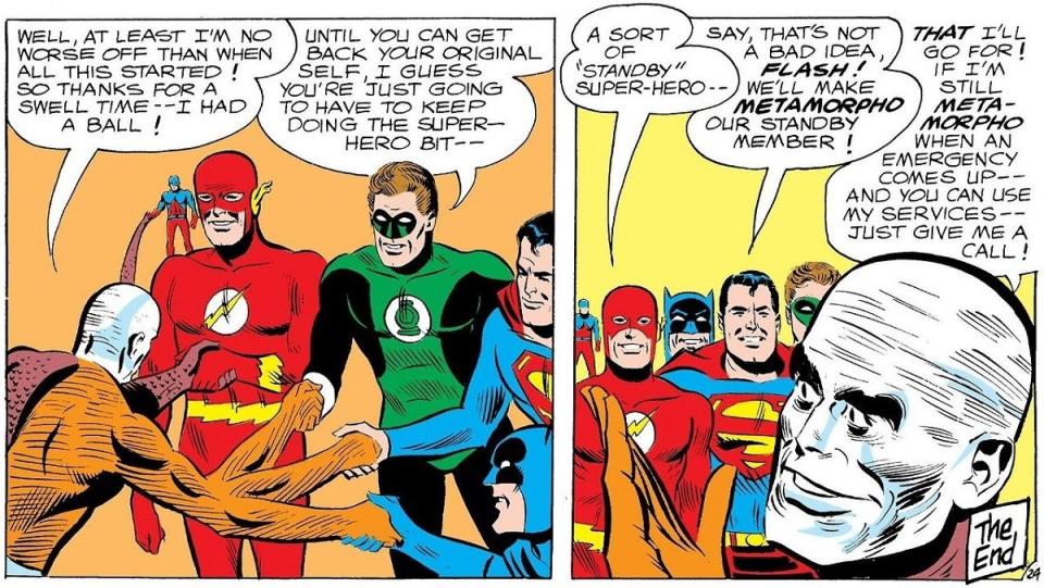 Metamorpho turns down Justice League membership. Art by Mike Sekowsky. 