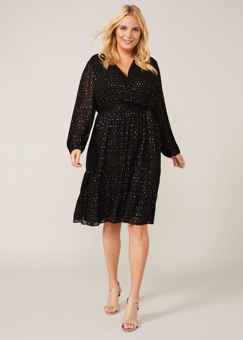 In sizes 16-26, this is a perfect party dress with a luxe foil polka print. (Phase Eight)