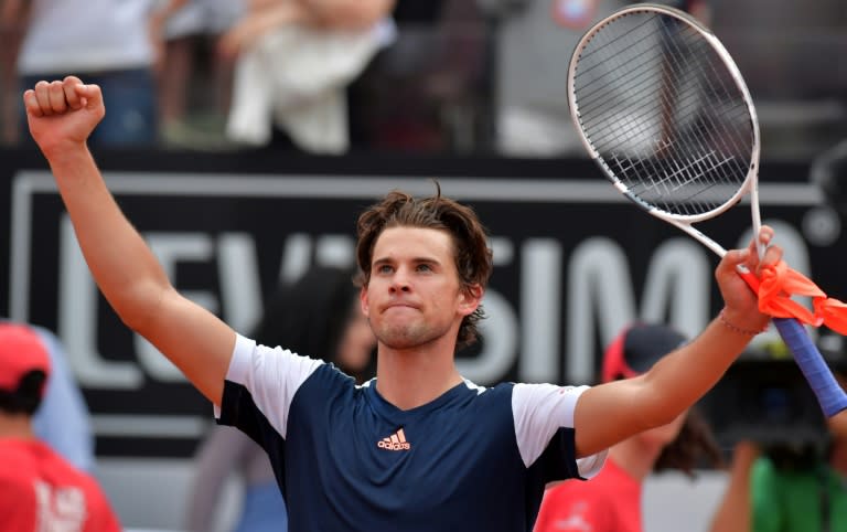 Austria's Dominic Thiem celebrates after defeating Spain's Rafael Nadal at the ATP Tennis Open tournament on May 19, 2017