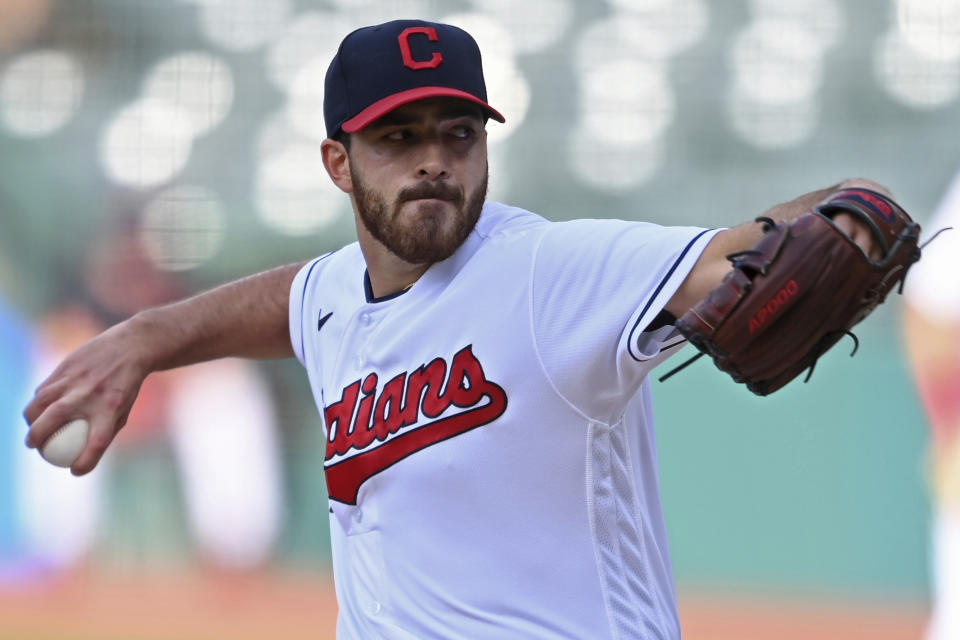 Cleveland Indians starting pitcher Aaron Civale delivers in the first inning of a baseball game against the Minnesota Twins, Tuesday, April 27, 2021, in Cleveland. (AP Photo/David Dermer)