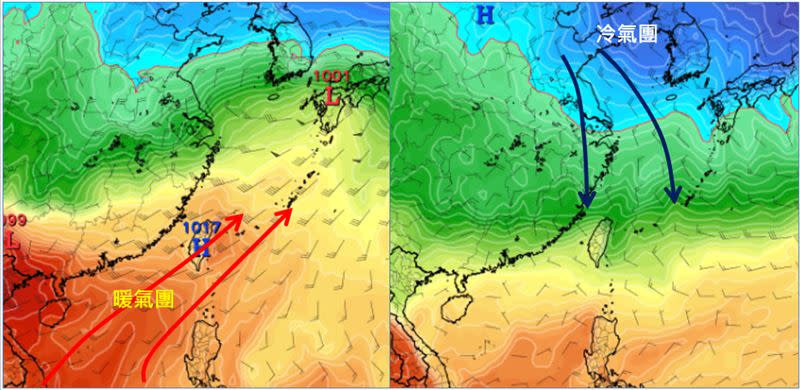 圖：最新(2日20時)歐洲(ECMWF)模式、週二(5日)20時850百帕溫度模擬圖顯示，「高壓迴流」型態、明顯回暖(左圖)。週四(7日)20時850百帕溫度模擬圖則顯示，「大陸冷氣團」南下、明顯轉冷(右圖)。(圖擷自tropical tidbits)