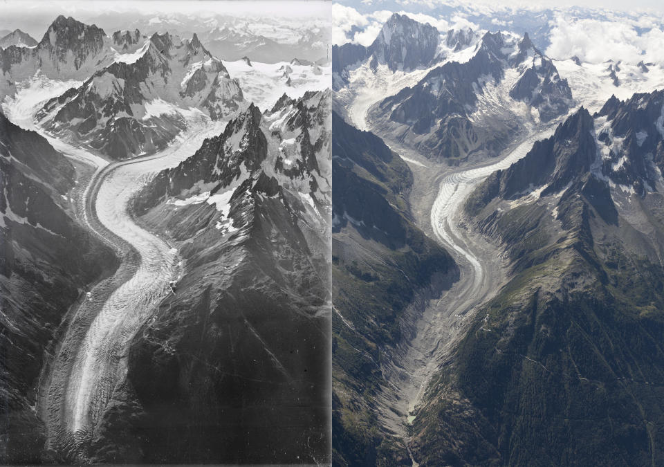 Ice loss: The images were taken almost exactly 100 years apart and show how glaciers have shrunk on the mountain. ("Dr Kieran Baxter, University of Dundee, Walter Mittelholzer, ETH-Bibliothek Zürich)