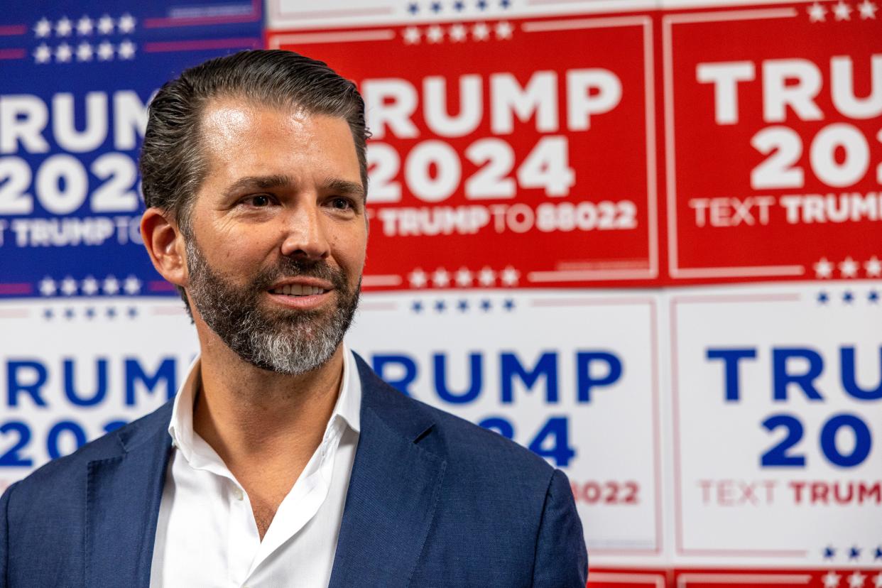 Donald Trump Jr. at a rally on February 23, 2024 in Charleston, South Carolina.