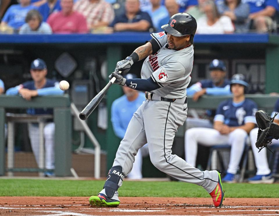 Cleveland Guardians third baseman Jose Ramirez (11) hits a solo home run against the Kansas City Royals on June 28 in Kansas City, Missouri.