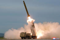 This Saturday, Aug. 24, 2019, photo provided Sunday, Aug. 25, by the North Korean government, shows the test firing of an unspecified missile at an undisclosed location in North Korea. North Korea fired two suspected short-range ballistic missiles off its east coast on Saturday in the seventh weapons launch in a month, South Korea's military said, a day after it vowed to remain America's biggest threat in protest of U.S.-led sanctions on the country. The content of this image is as provided and cannot be independently verified. Korean language watermark on image as provided by source reads: "KCNA" which is the abbreviation for Korean Central News Agency. (Korean Central News Agency/Korea News Service via AP)