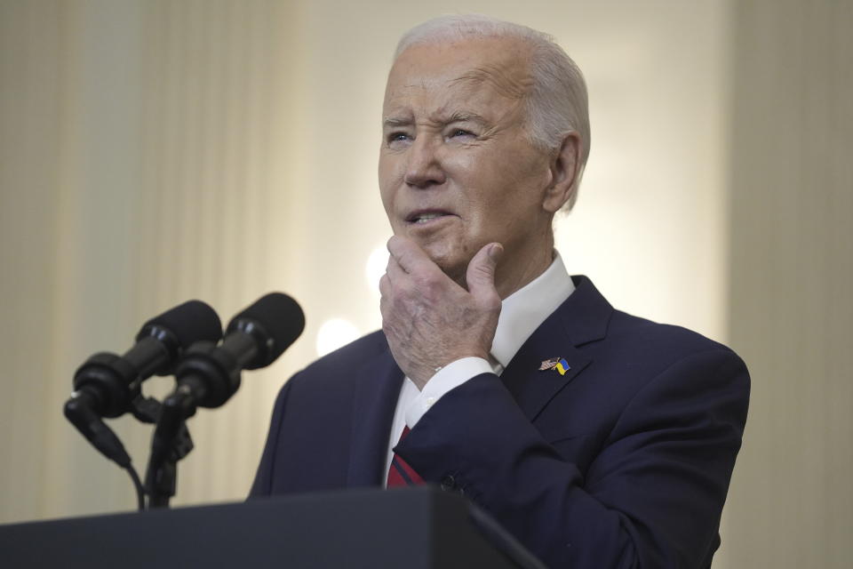 President Joe Biden speaks before signing a $95 billion Ukraine aid package that also includes support for Israel, Taiwan, and other allies, in the State Dining Room of the White House, Wednesday, April 24, 2024, in Washington. (AP Photo/Evan Vucci)