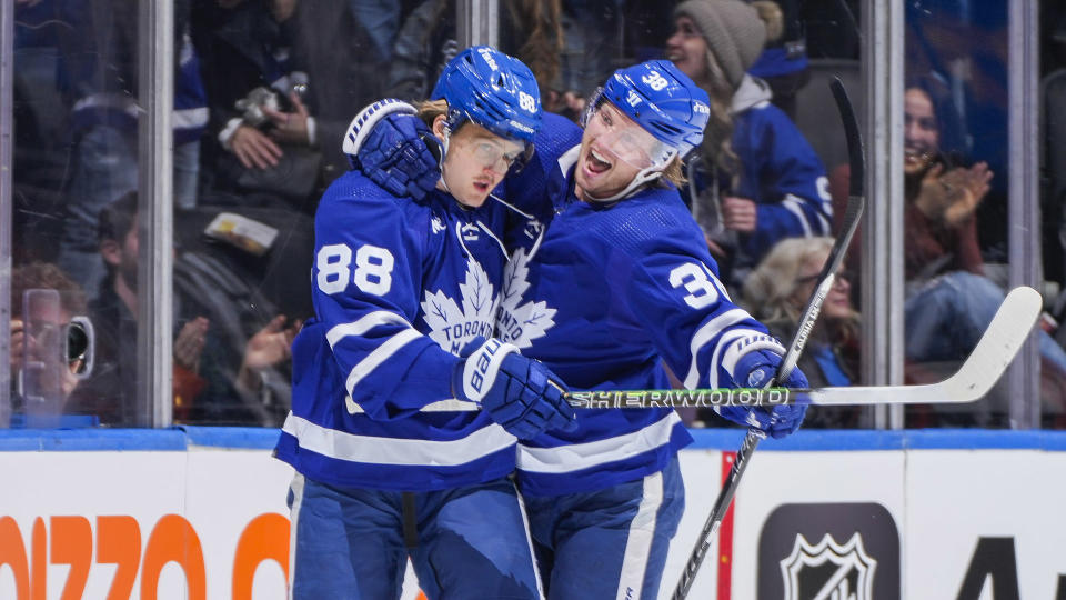 Rasmus Sandin, right, was traded away from good friend William Nylander. (Photo by Kevin Sousa/NHLI via Getty Images)