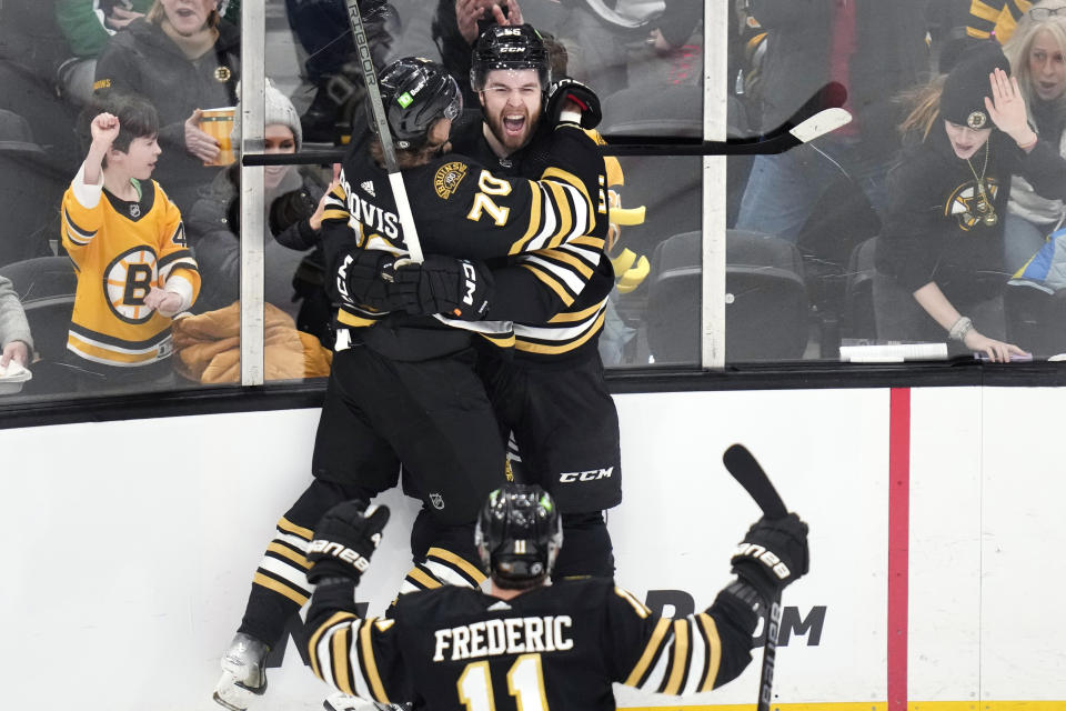 Boston Bruins right wing Justin Brazeau celebrates after his goal against the Dallas Stars during the second period, Monday, Feb. 19, 2024, in Boston. (AP Photo/Charles Krupa)