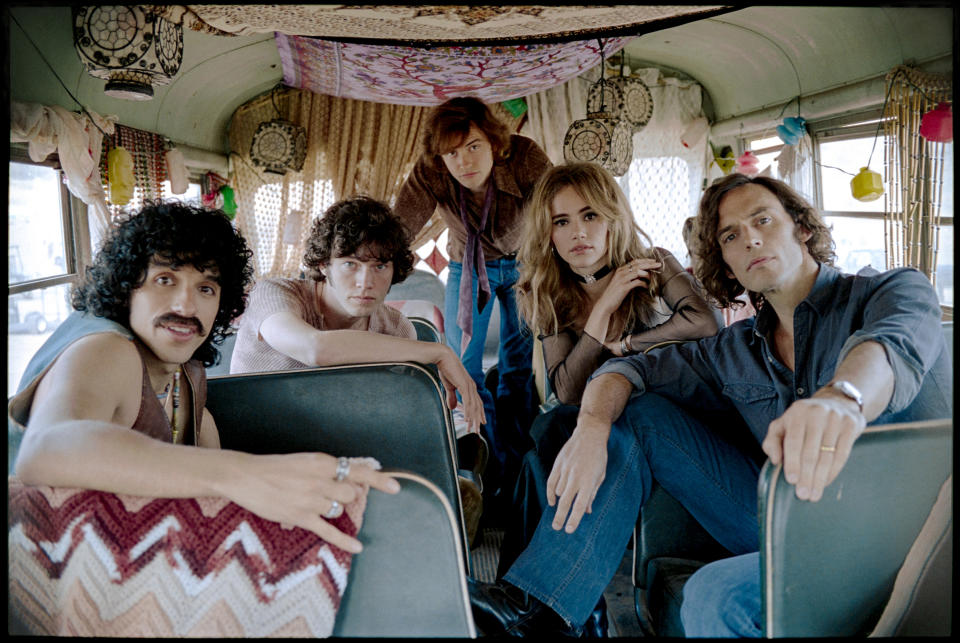 From left: Sebastian Chacon, Will Harrison, Josh Whitehouse, Suki Waterhouse, and Sam Claflin in <i>Daisy Jones & the Six</i><span class="copyright">Lacey Terrell—Prime Video</span>