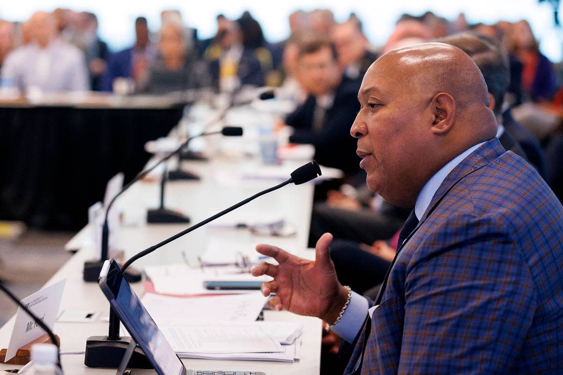 Joel Ford speaks during a meeting of the UNC System Board of Governors university governance committee on Wednesday, Sept. 11, 2024, in Raleigh, N.C.