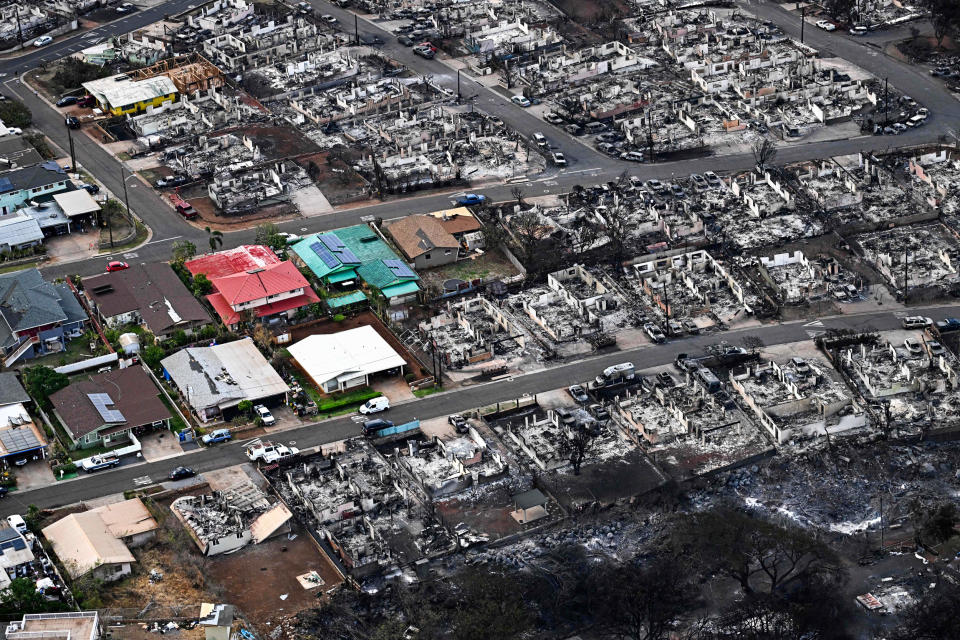 Destroyed homes in Lahaina in the aftermath of wildfires on Aug. 10, 2023. (Patrick T. Fallon / AFP - Getty Images)