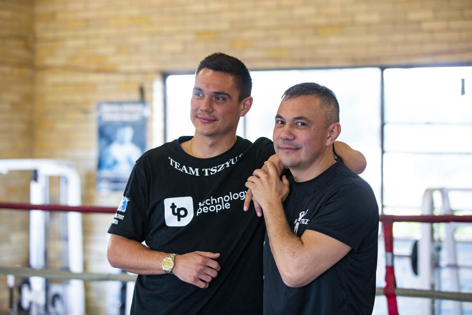 SYDNEY, AUSTRALIA - SEPTEMBER 26: Kostya Tszyu with son Tim Tszyu pose for a portrait during a media opportunity at Tszyu Boxing Academy on September 26, 2019 in Sydney, Australia. (Photo by Jenny Evans/Getty Images)