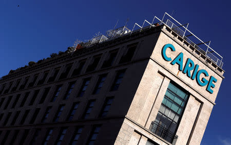 FILE PHOTO: The Carige bank logo is seen in Rome, Italy, April 16, 2016. REUTERS/Stefano Rellandini/File Photo