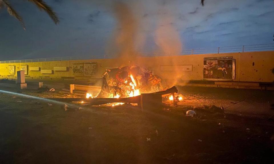 The wreckage of the vehicle in which the Iranian general Qasem Soleimani was killed in a Trump-ordered attack at Baghdad airport in January.