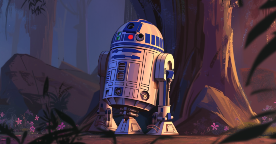 R2-D2 stands in a forest with light beams filtering through trees