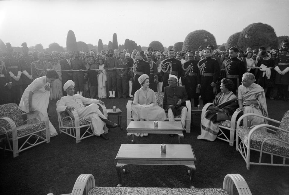 Queen Elizabeth II with India's President Rajendra Prasad at garden party reception at the President's Palace during the Queen's trip to India in 1961.<span class="copyright">Hank Walker—The LIFE Picture Collection/Getty Images</span>