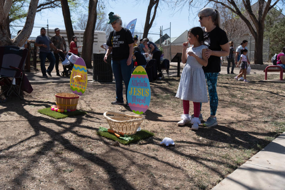 Children try to get the chick in the basket in April 2023 at the annual “Easter Eggcitement" at the Amarillo Zoo.