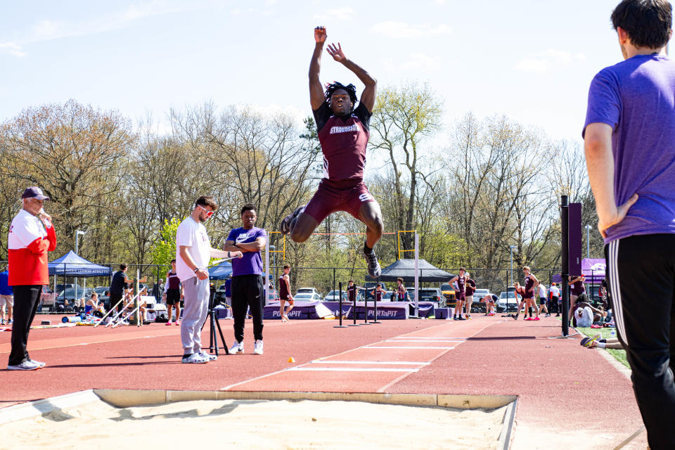 Stroudsburg High School's Kamoni Smith-Johnson jumps during the Boys Long Jump on April 26, 2024