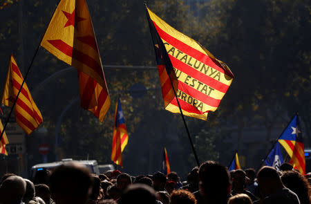 Catalan separatist flags are seen as demonstrators gather outside the Catalan regional parliament in Barcelona, Spain, October 27, 2017. REUTERS/Yves Herman