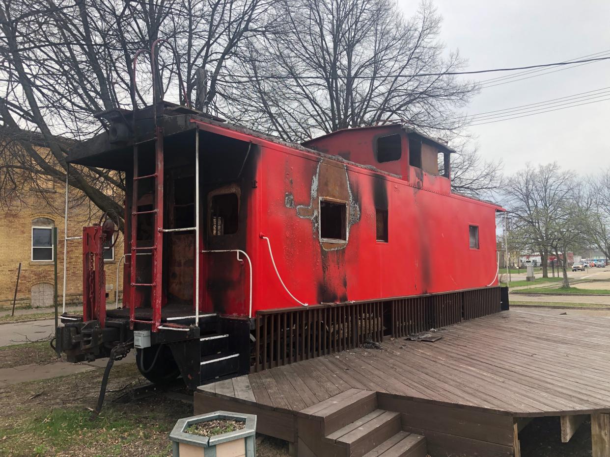 Alliance officials plan to repair and repaint the red Main Street Caboose, a downtown landmark, damaged by fire in February. Picture taken on April, 5, 2023.