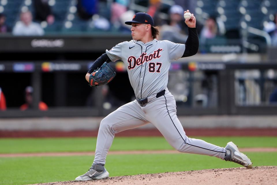 Tigers pitcher Tyler Holton delivers a pitch against the Mets during the seventh inning of the 2-1 loss in Game 2 of the doubleheader on Thursday, April 4, 2024, in New York.