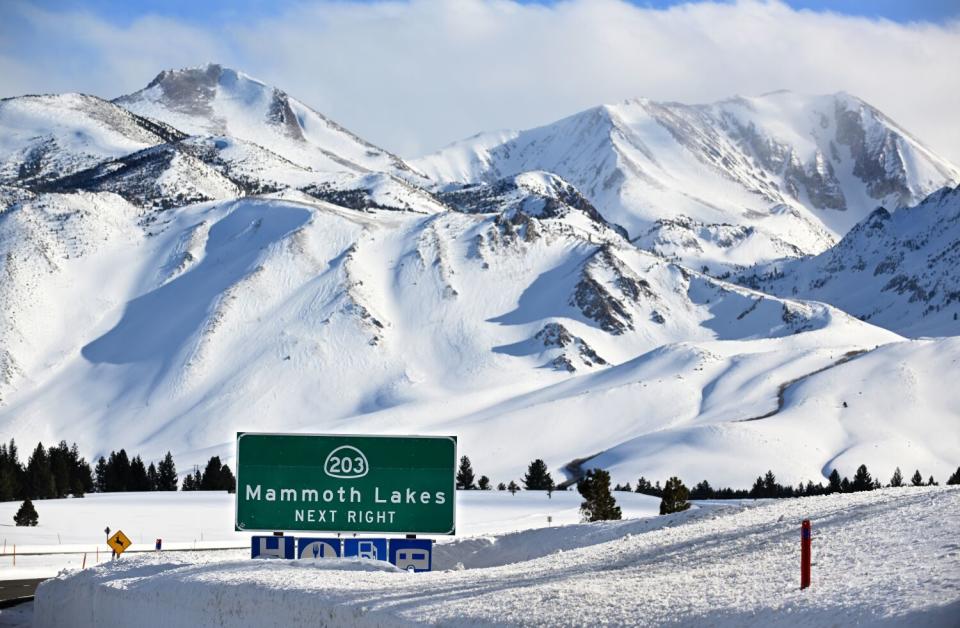 The mountains around Mammoth Lakes are blanketed with snow.