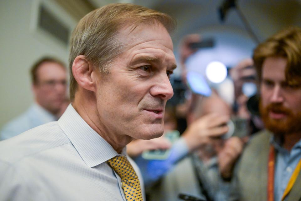 Rep. Jim Jordan, R-Ohio, chairman of the House Judiciary Committee talks to reporters at the U.S. Capitol. House lawmakers held a vote to elect a new speaker Tuesday in Washington, D.C. Jordan came up short on his bid to win the House Speaker post.