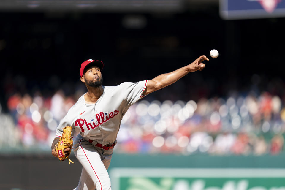 Philadelphia Phillies starting pitcher Cristopher Sanchez delivers during the second inning of a baseball game against the Washington Nationals, Saturday, Aug. 19, 2023, in Washington. (AP Photo/Stephanie Scarbrough)