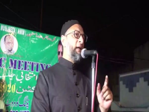 AIMIM chief Asaduddin Owaisi speaking at a public meeting in Hyderabad.