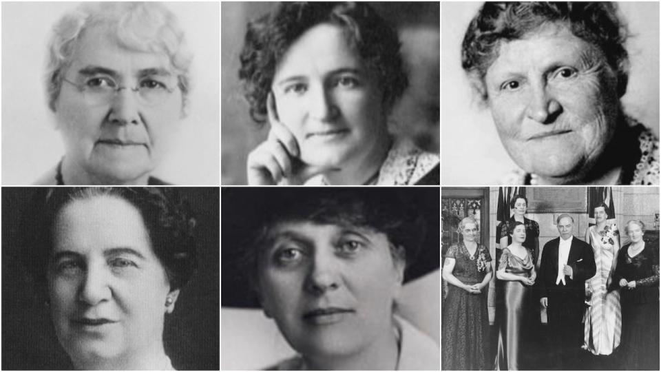 Clockwise from top left: The Famous Five are Louise McKinney, Nellie McClung, Henrietta Muir Edwards, group shot, Irene Parlby and Emily Murphy.