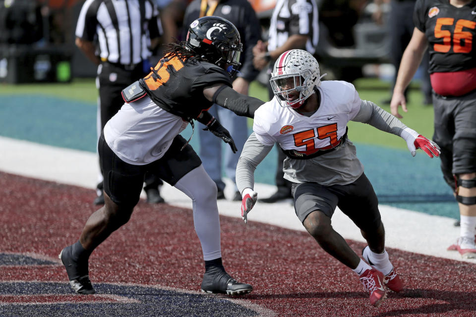National Team linebacker Baron Browning of Ohio State has impressed this week at the Senior Bowl. (AP Photo/Rusty Costanza)