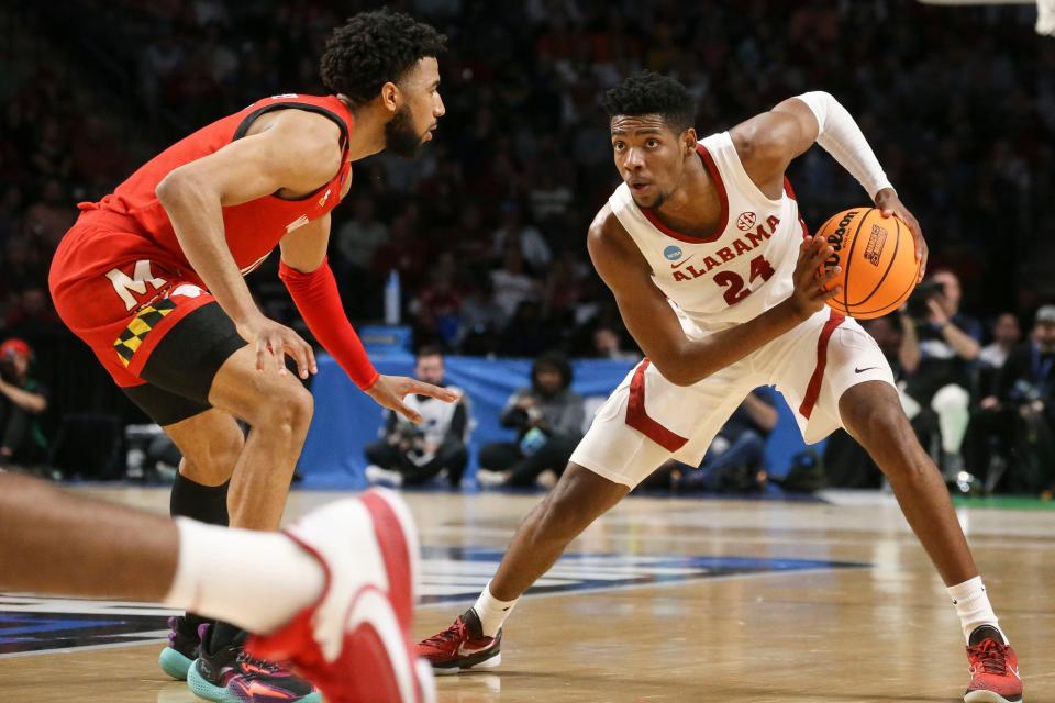 Alabama forward Brandon Miller looks to make a move against Maryland at Legacy Arena during the second round of the NCAA tournament March 18, 2023 in Birmingham, Alabama.