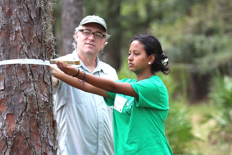 SFFGS Professor Dan Johnson teaches Victoria Torres from Pinellas how to measure trees.