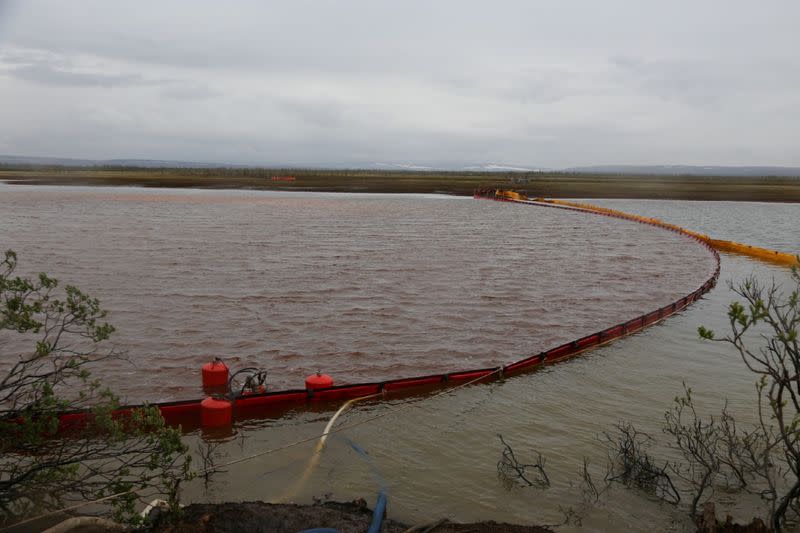 FILE PHOTO: A view shows water barriers during recovery works following a diesel fuel leak at a thermal power station in Krasnoyarsk Region