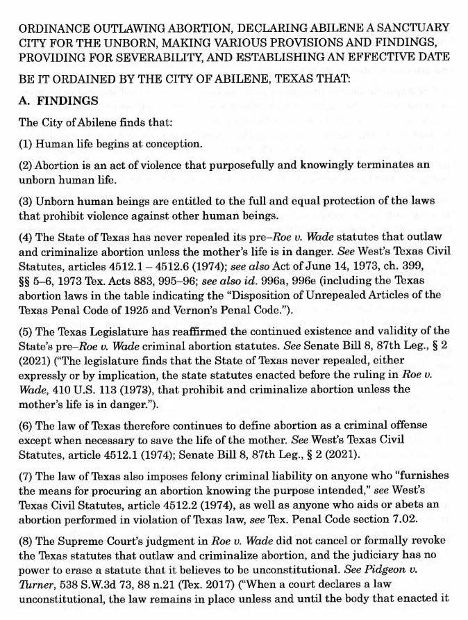 The first page of an ordinance that would make Abilene a sanctuary city for the unborn.