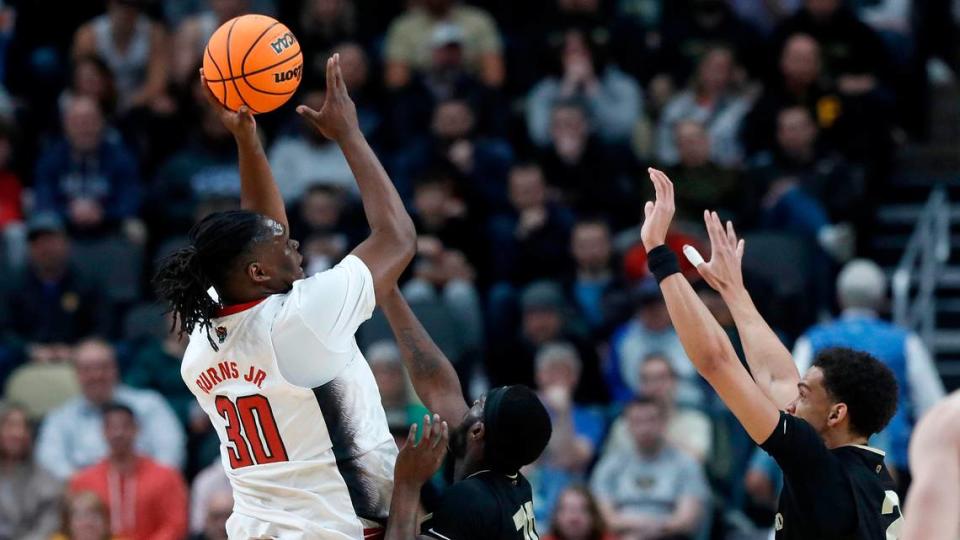 N.C. State’s DJ Burns, Jr. puts up a shot during the first half of the Wolfpack’s NCAA Tournament second round game against Oakland on Saturday, March 23, 2024, at PPG Paints Arena in Pittsburgh, Pa.