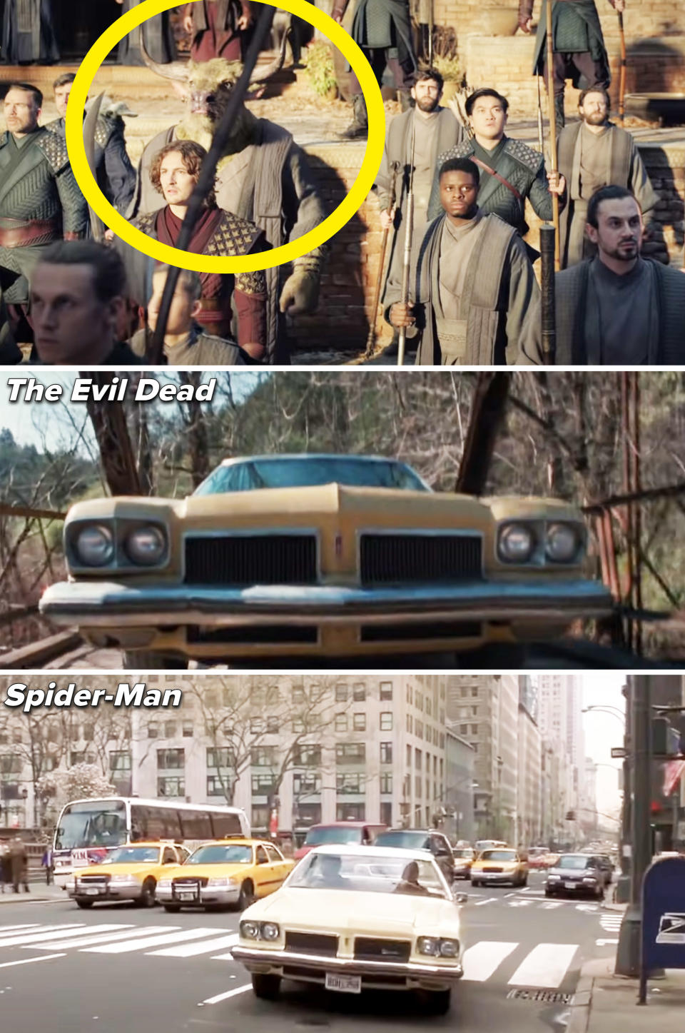 Screenshots from films showing the minotaur in Doctor Strange, and Sam Raimi's identical car in The Evil Dead and Spider-Man