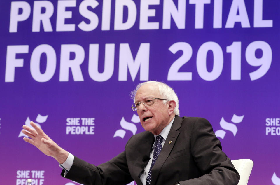 Democratic presidential candidate Sen. Bernie Sanders, I-Vt., answers questions during a presidential forum held by She The People on the Texas State University campus Wednesday, April 24, 2019, in Houston. (AP Photo/Michael Wyke)