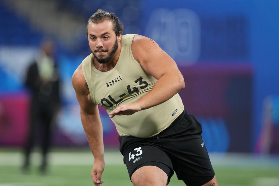 Mar 3, 2024; Indianapolis, IN, USA; Miami-Fl offensive lineman Matt Lee (OL43) during the 2024 NFL Combine at Lucas Oil Stadium. Mandatory Credit: Kirby Lee-USA TODAY Sports
