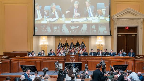 PHOTO: In this June 28, 2022, file photo, a video of former Attorney General William Barr is played as Cassidy Hutchinson testifies during the sixth hearing held by the Jan. 6 Committee, in Washington, D.C. (Shawn Thew, Pool/Getty Images, FILE)