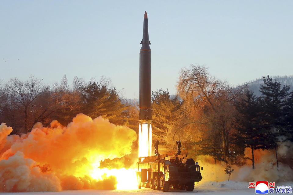 FILE - This photo provided by the North Korean government, shows what it says a test launch of a hypersonic missile in North Korea on Jan. 5, 2022. After winning a bitterly contested presidential election, South Korean conservative Yoon Suk Yeol will enter office facing a quickly growing North Korean nuclear threat - and with few easy choices ahead to deal with it. Independent journalists were not given access to cover the event depicted in this image distributed by the North Korean government. The content of this image is as provided and cannot be independently verified. Korean language watermark on image as provided by source reads: "KCNA" which is the abbreviation for Korean Central News Agency. (Korean Central News Agency/Korea News Service via AP, File)