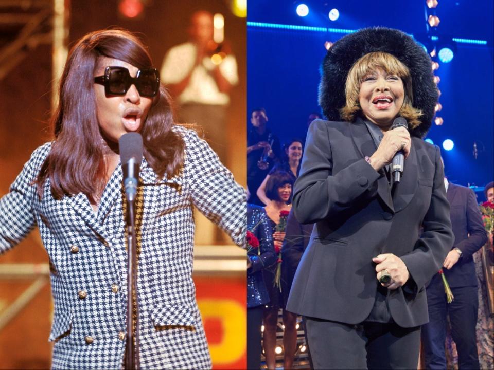 On the left, Tina Turner performing in 1966. On the right, Turner performing in 2019.