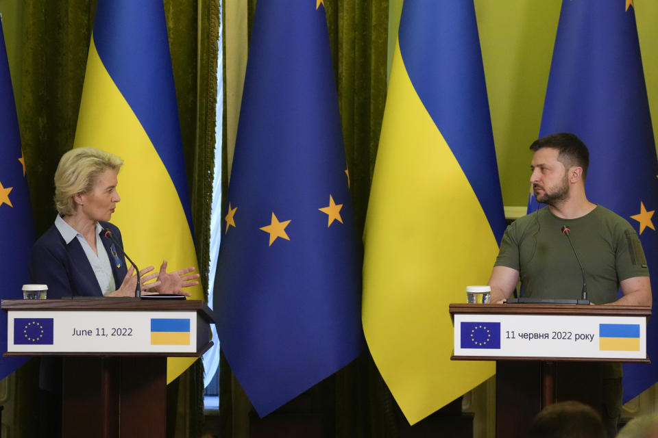 European Commission President Ursula von der Leyen, left, speaks during a joint press conference with Ukraine President Volodymyr Zelenskyy in Kyiv, Ukraine, Saturday, June 11, 2022. Von der Leyen is making her second visit to Ukraine since Russia invaded its neighbor. She was one of the first European leaders to go to Ukraine during the war. (AP Photo/Natacha Pisarenko)