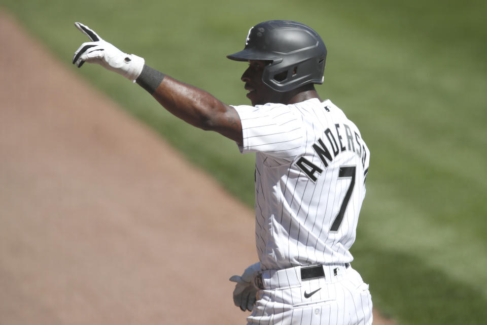 Chicago White Sox's Tim Anderson reacts after hitting a solo home run in the fourth inning of a baseball game against the Detroit Tigers Thursday, Aug. 20, 2020, in Chicago. (AP Photo/Jeff Haynes)