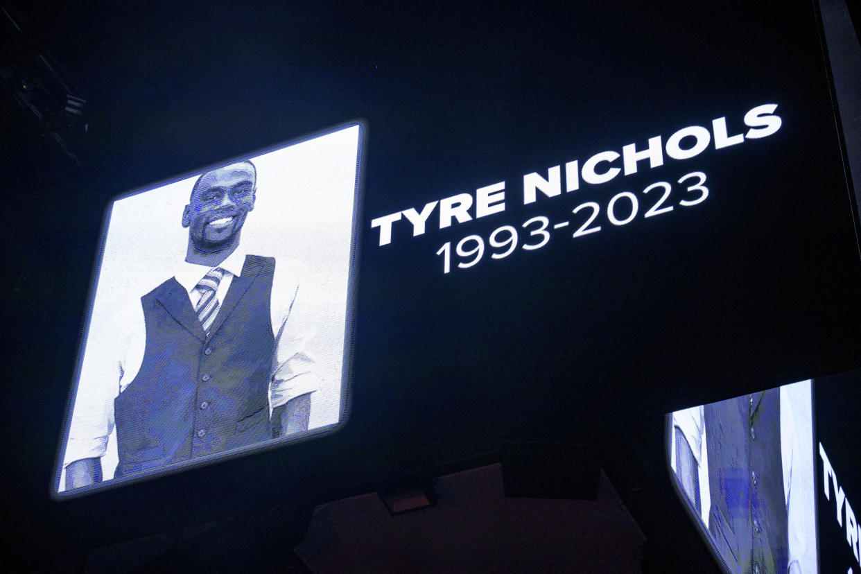 FILE - The screen at the Smoothie King Center honors Tyre Nichols before an NBA basketball game between the New Orleans Pelicans and the Washington Wizards in New Orleans, Saturday, Jan. 28, 2023. Nichols died after being beaten by Memphis police during a traffic stop. (AP Photo/Matthew Hinton, File)