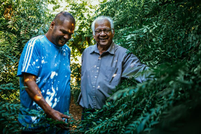 LA PUENTE, CA - DECEMBER 09: Padma Lakshmi's stepfather, Anand Prasad and his nephew Vinay Pal stand in the middle of the curry farm on Friday, Dec. 9, 2022 in La Puente, CA. (Jason Armond / Los Angeles Times)