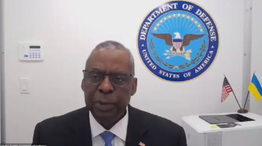 Defense Secretary Lloyd Austin joins a virtual meeting of the Ukraine Defense Contact Group on Jan. 23, 2023, virtually from his home where he has been recovering after undergoing surgery.  / Credit: Defense Department