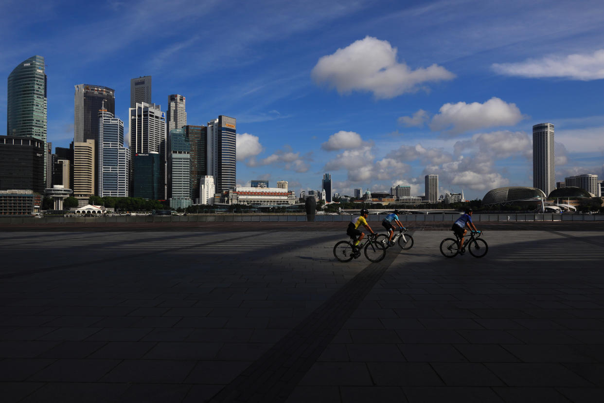 Cyclists along the bayfront in Singapore. 