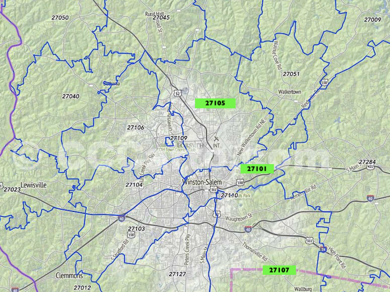 a map showing the 27101, 27105 and 27107 zip codes